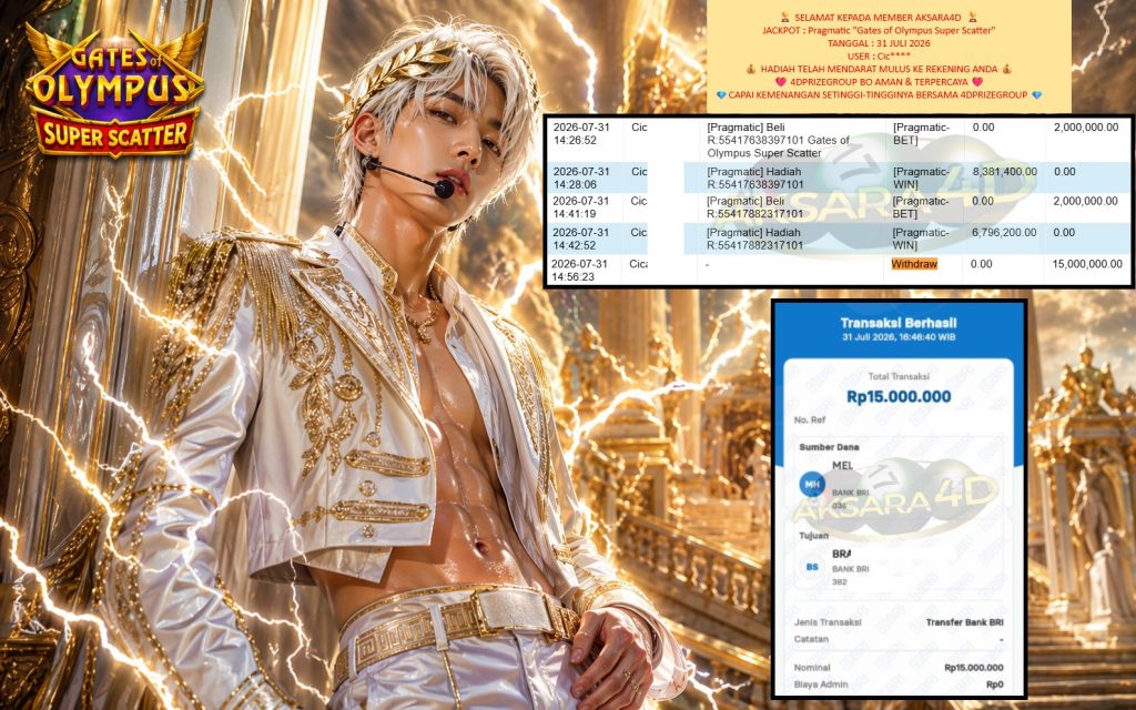 AKSARA4D JACKPOT PRAGMATIC “Gates of Olympus Super Scatter” Rp15.000.000,- LUNAS