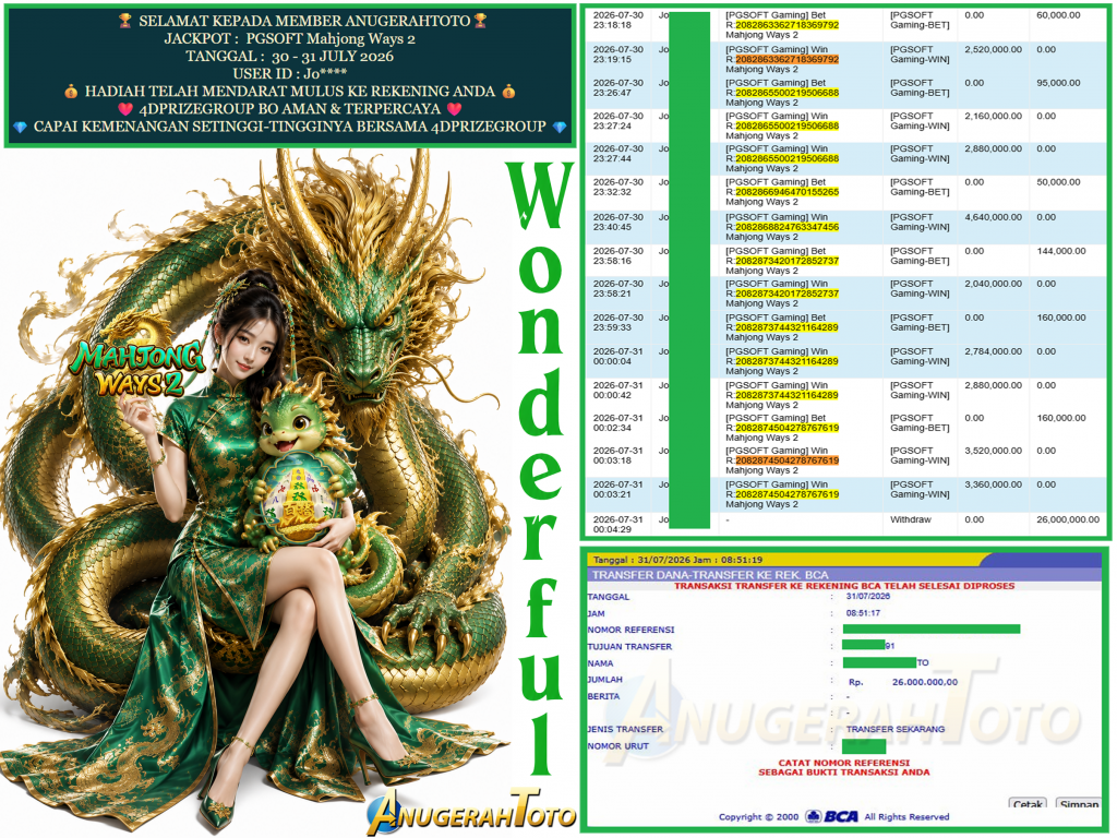 ANUGERAHTOTO JACKPOT PGSOFT Gaming ” Mahjong Ways 2 “‎‎‏‏ ‎‎‏‏‎‎‏‏ Rp.26.000.000,-LUNAS
