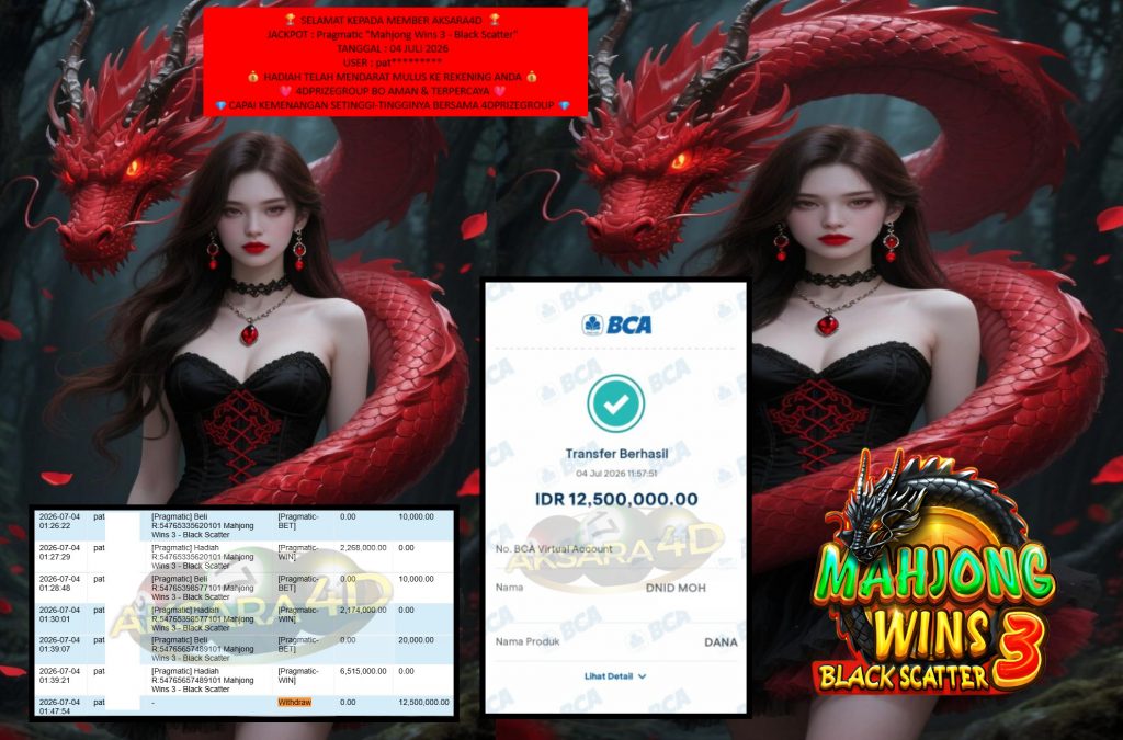 AKSARA4D JACKPOT PRAGMATIC “Mahjong Wins 3 – Black Scatter” Rp12.500.000,- LUNAS
