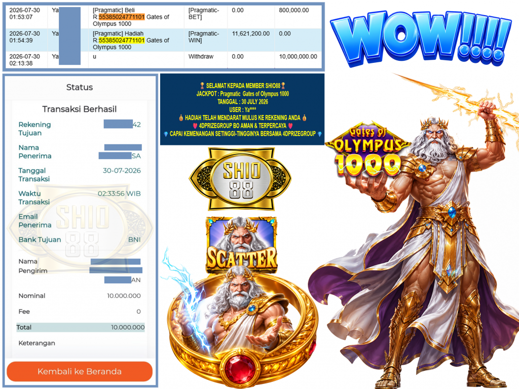 SHIO88 JACKPOT PRAGMATIC ” Gates of Olympus 1000 ” Rp.10.000.000,-LUNAS