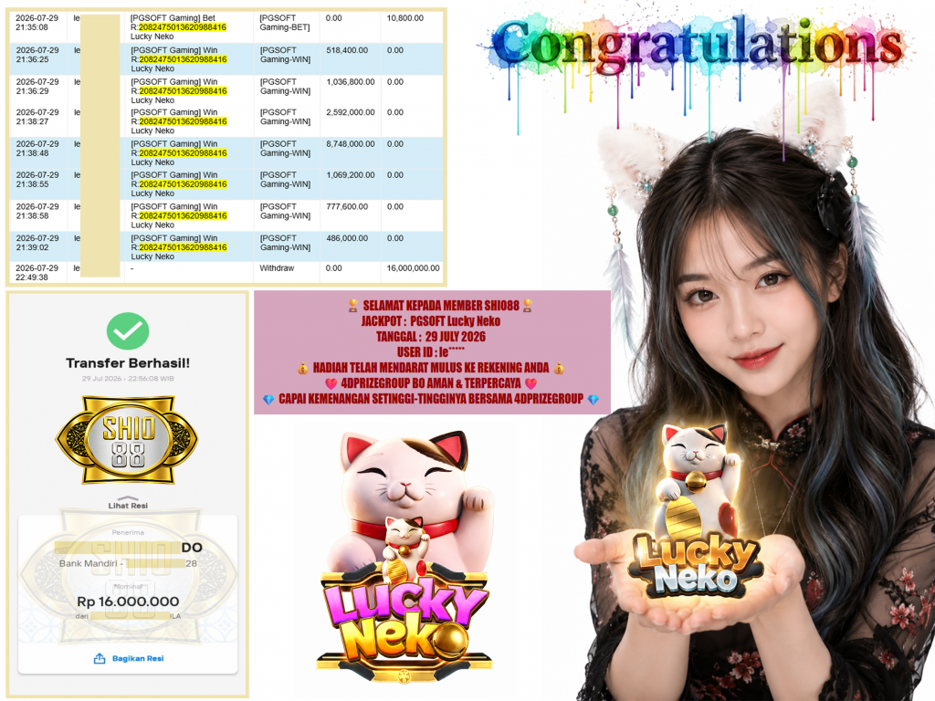 SHIO88 JACKPOT PGSOFT Gaming ” Lucky Neko “ Rp.16.000.000,-LUNAS