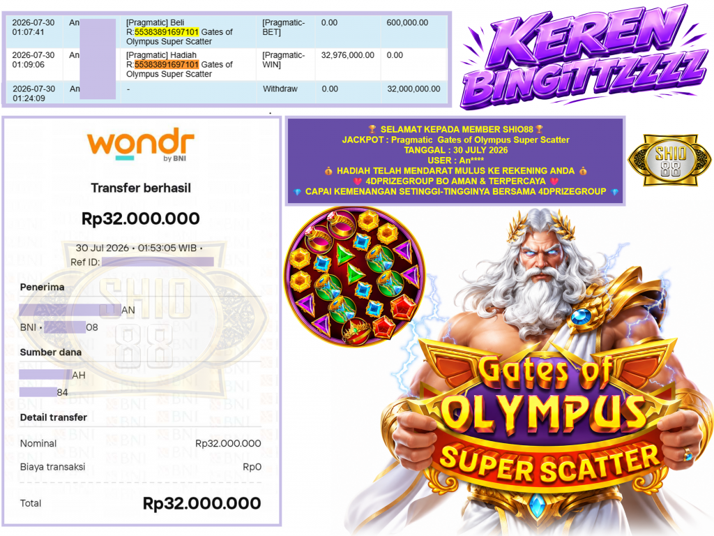 SHIO88 JACKPOT PRAGMATIC ” Gates of Olympus Super Scatter ” Rp.32.000.000,-LUNAS