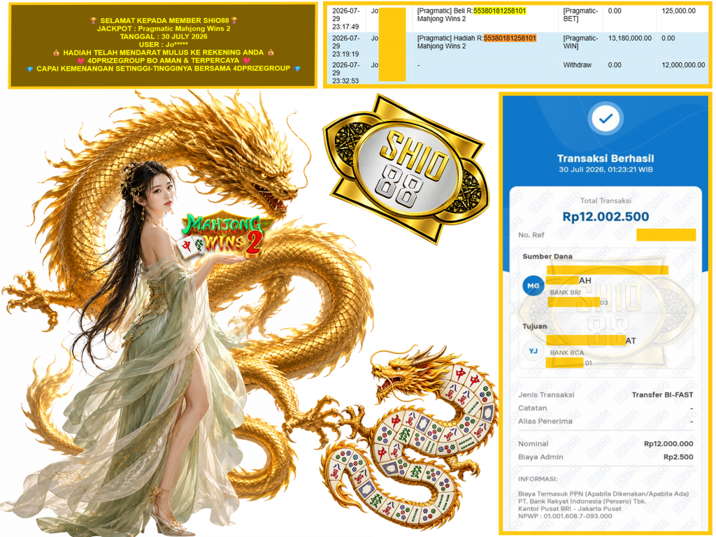 SHIO88 JACKPOT PRAGMATIC βMahjong Wins 2β Rp.12.000.000,-LUNAS