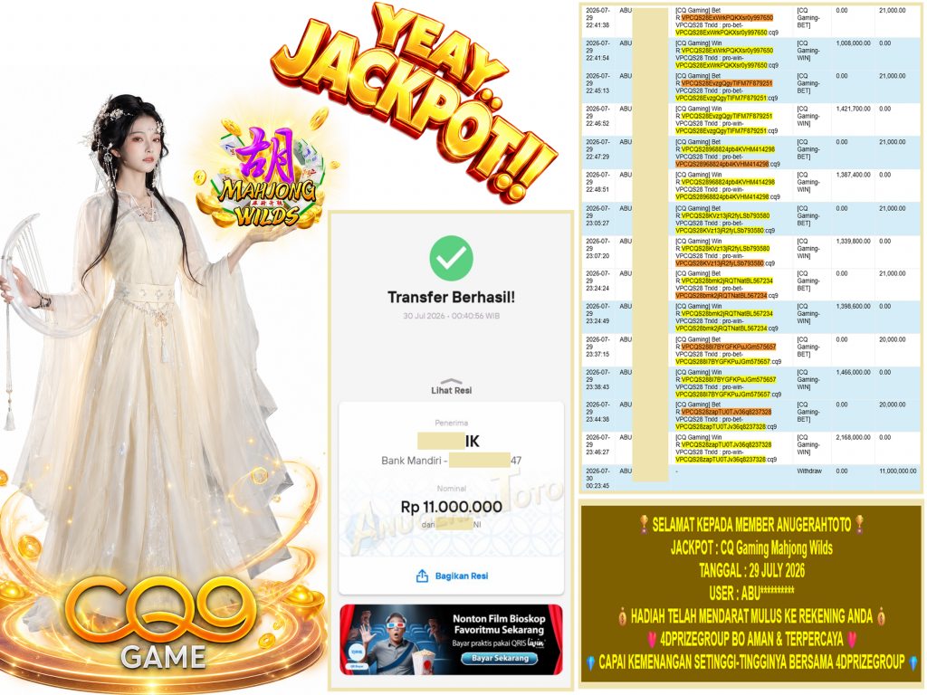 ANUGERAHTOTO JACKPOT CQ Gaming โMahjong Wildsโ Rp.11.000.000,-LUNAS