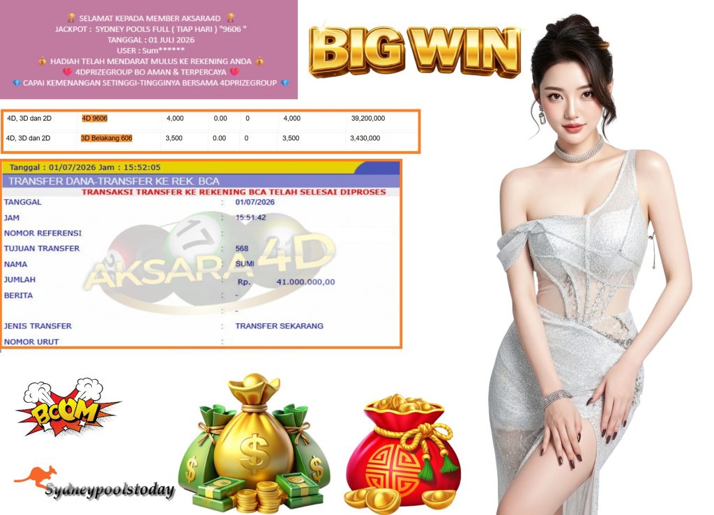 AKSARA4D JACKPOT SYDNEY POOLS FULL ( TIAP HARI ) “9606 ” Rp41.000.000,- LUNAS