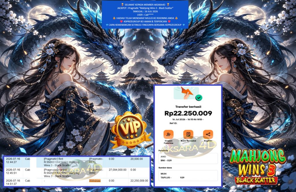 AKSARA4D JACKPOT PRAGMATIC “Mahjong Wins 3 – Black Scatter” Rp22.250.009,- LUNAS