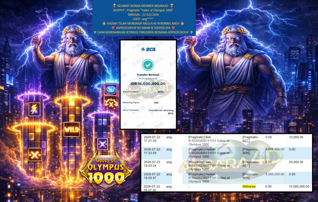 AKSARA4D JACKPOT PRAGMATIC “Gates of Olympus 1000″ Rp15.000.000,- LUNAS
