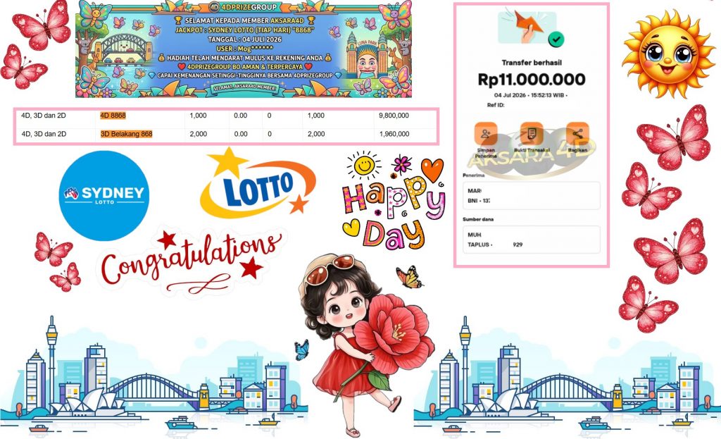 AKSARA4D JACKPOT SYDNEY LOTTO (TIAP HARI) “8868” Rp11.000.000,- LUNAS