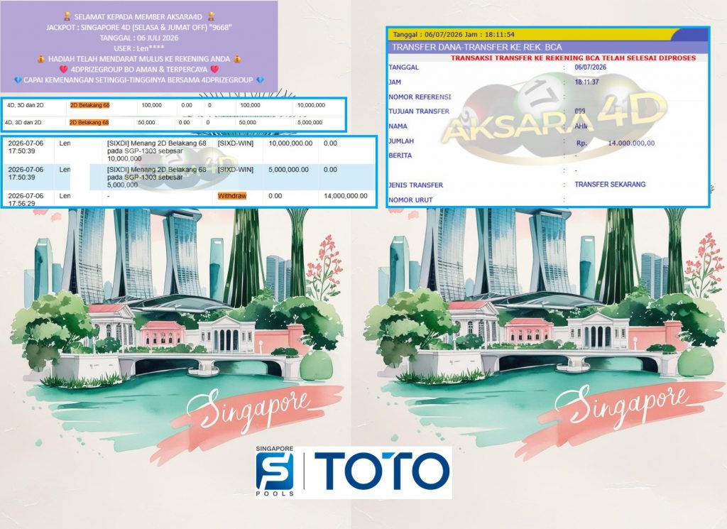AKSARA4D JACKPOT SINGAPORE 4D (SELASA & JUMAT OFF) “9668” Rp14.000.000,- LUNAS