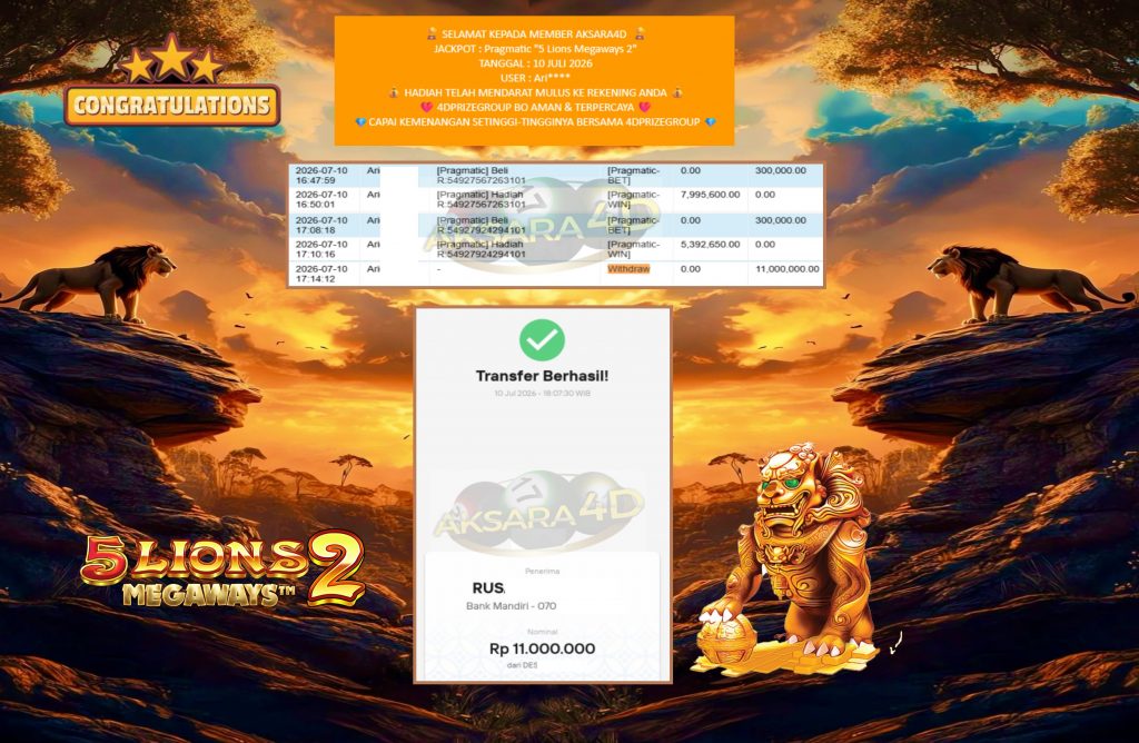 AKSARA4D JACKPOT Pragmatic “5 Lions Megaways 2” Rp11.000.000,- LUNAS