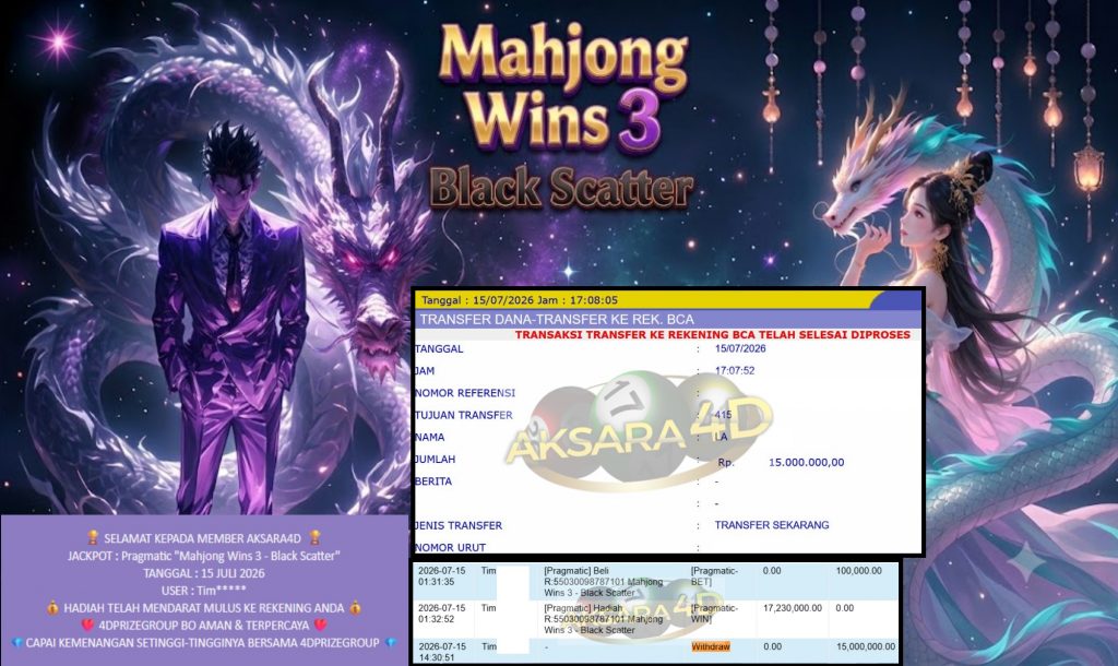AKSARA4D JACKPOT PRAGMATIC “Mahjong Wins 3 – Black Scatter” Rp15.000.000,- LUNAS