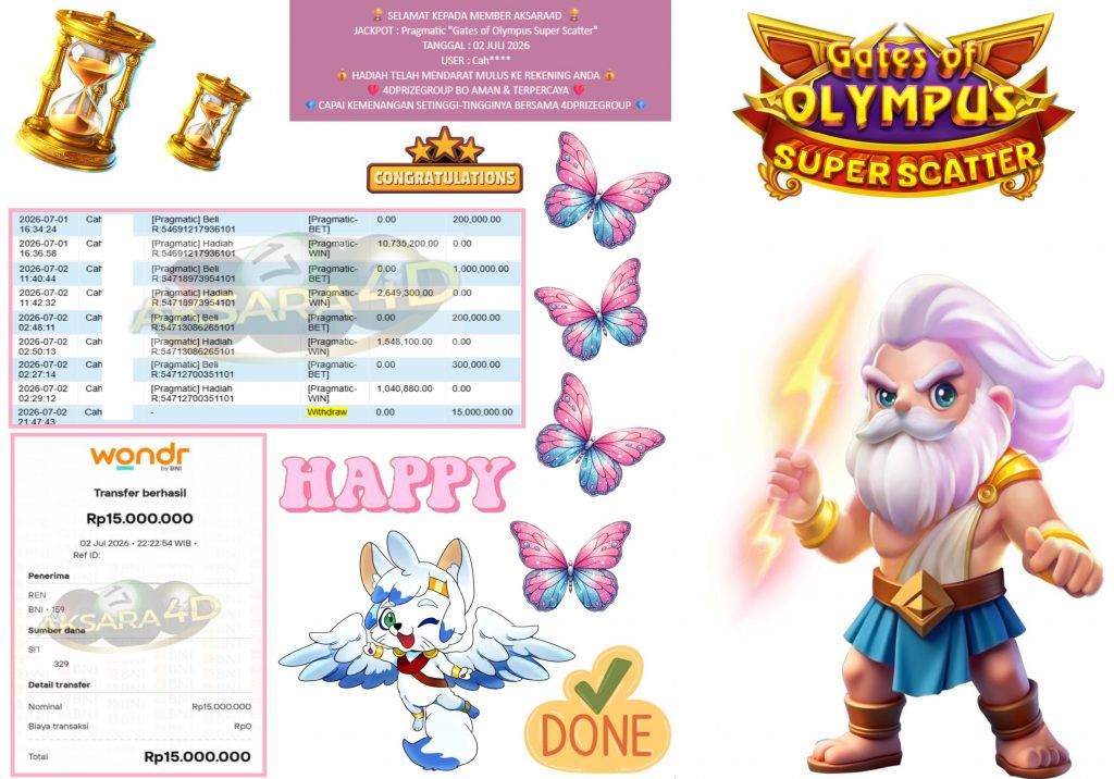 AKSARA4D JACKPOT PRAGMATIC “Gates of Olympus Super Scatter” Rp15.000.000,- LUNAS