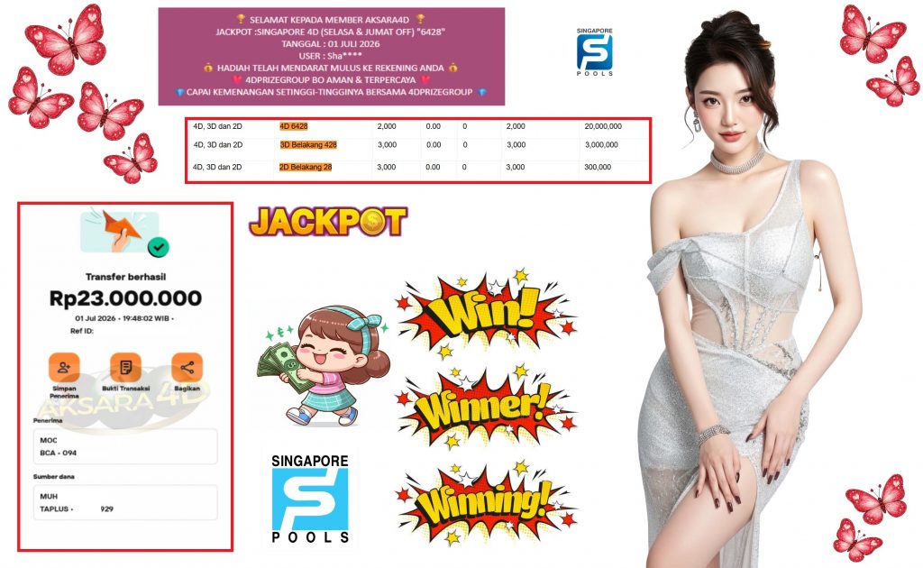 AKSARA4D JACKPOT SINGAPORE 4D (SELASA & JUMAT OFF) “6428” Rp23.000.000,- LUNAS