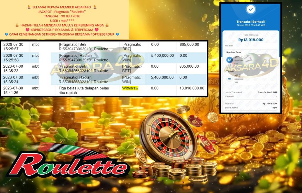 AKSARA4D JACKPOT Pragmatic โRouletteโ Rp13.018.000,- LUNAS