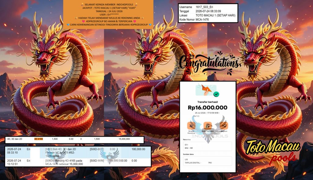 INDO4DPOOLS JACKPOT TOTO MACAU 1 (SETIAP HARI) β4165β Rp16.000.000,- LUNAS