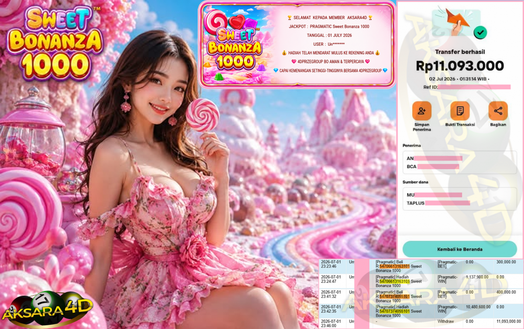 AKSARA4D JACKPOT PRAGMATIC ” Sweet Bonanza 1000 ” Rp 11,093,000,- LUNAS