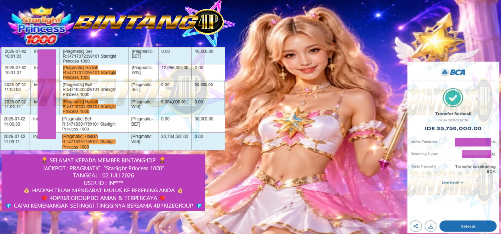 BINTANG4DP JACKPOT Pragmatic βStarlight Princess 1000β Rp35.750.000,- LUNAS