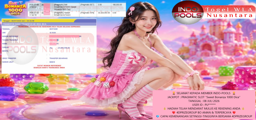 INDO-POOLS JACKPOT PRAGMATIC SLOT “Sweet Bonanza 1000 Dice” Rp25.000.000,- LUNAS