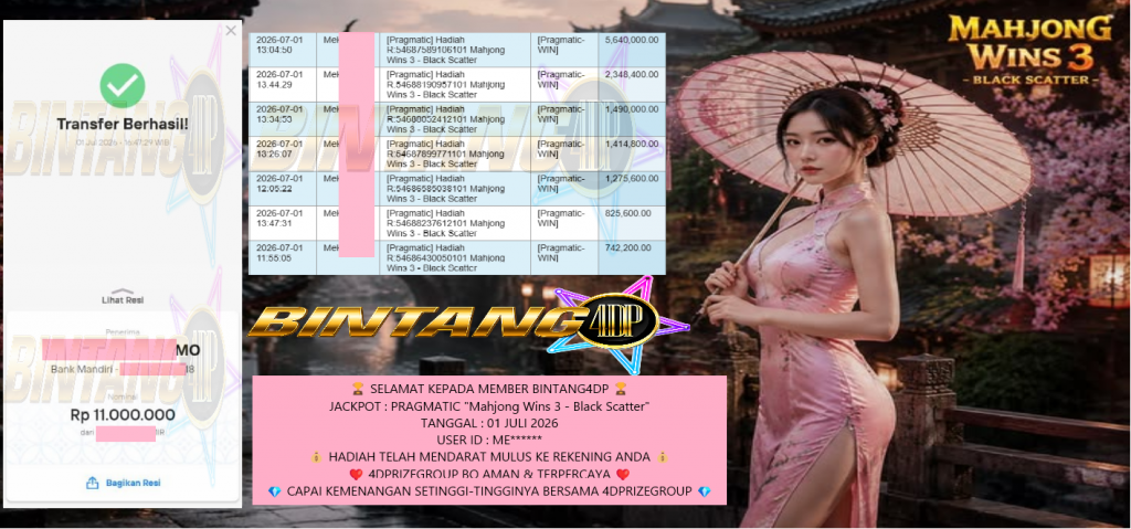 BINTANG4DP JACKPOT PRAGMATIC “Mahjong Wins 3 – Black Scatter” Rp 11.000.000,- LUNAS