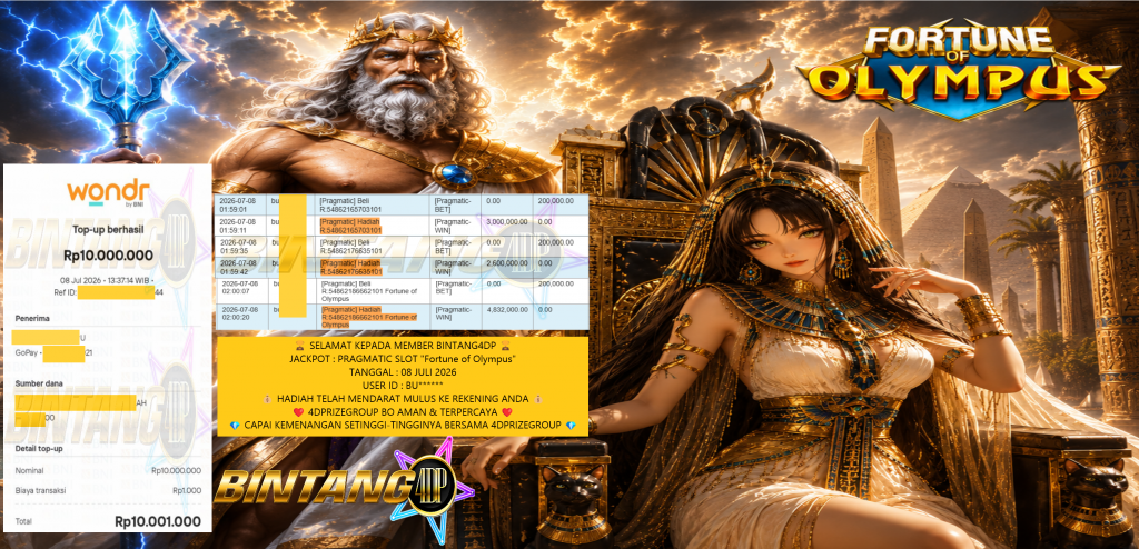 BINTANG4DP JACKPOT PRAGMATIC SLOT “Fortune of Olympus” Rp 10.000.000,- LUNAS
