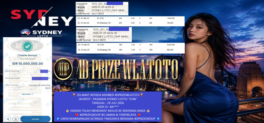 4DPRIZEWLATOTO JACKPOT PASARAN SYDNEY LOTTO “5746” Rp10.000.000,- LUNAS