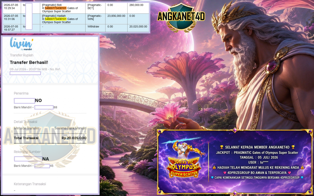 ANGKANET4D JACKPOT PRAGMATIC “Gates of Olympus Super Scatter” Rp20.025.000,- LUNAS