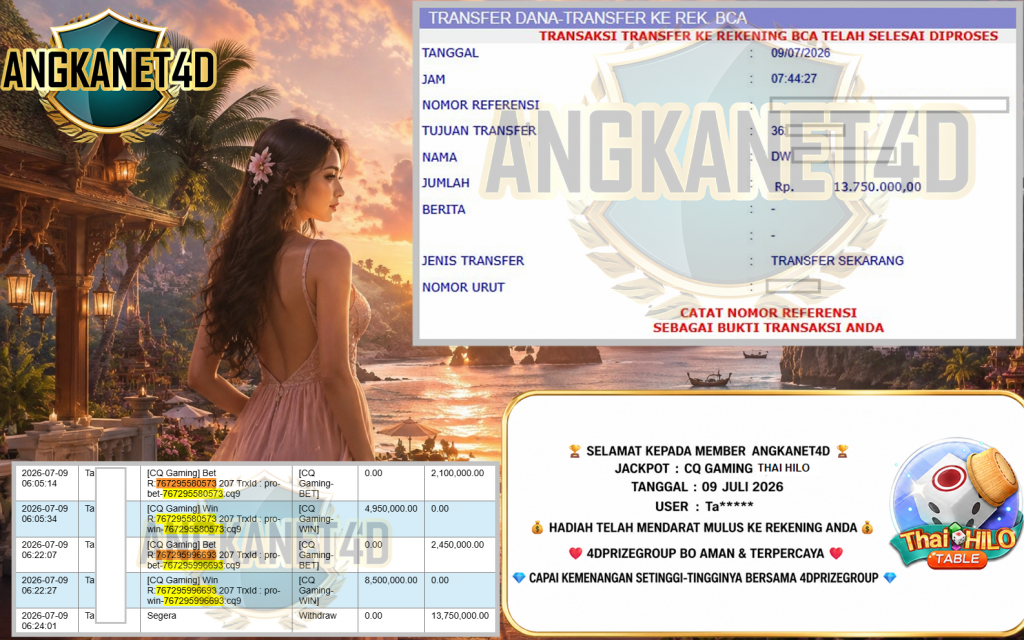 ANGKANET4D JACKPOT CQ GAMING βTHAI HILOβ Rp13.750.000,- LUNAS