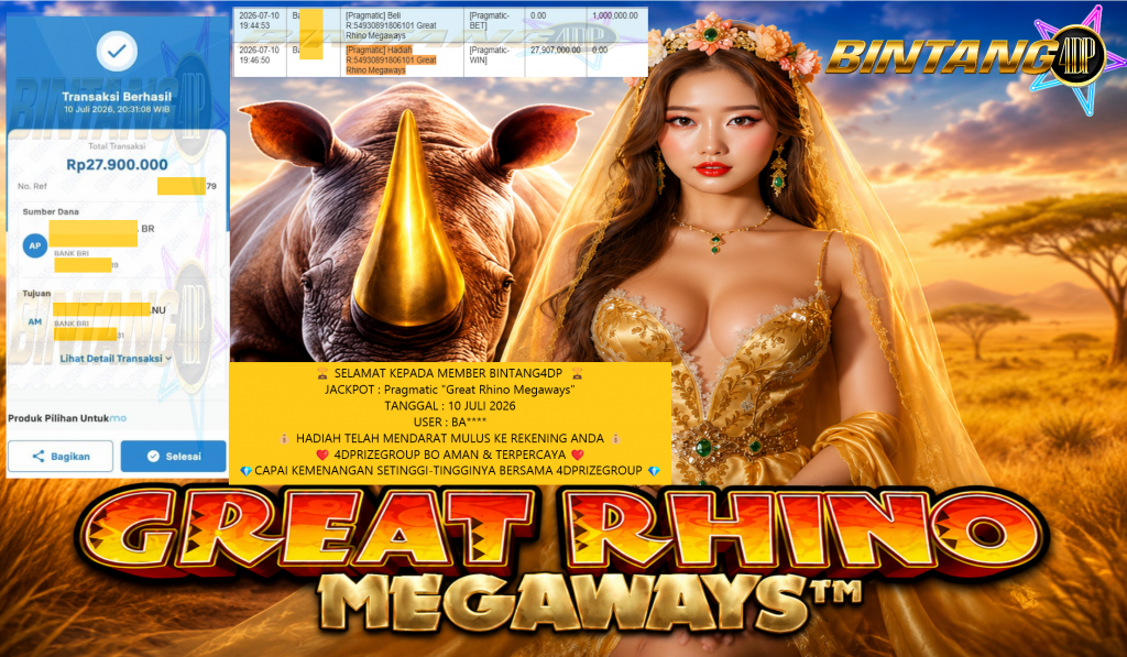 BINTANG4DP JACKPOT PRAGMATIC “Great Rhino Megaways” Rp27.900.000,- LUNAS