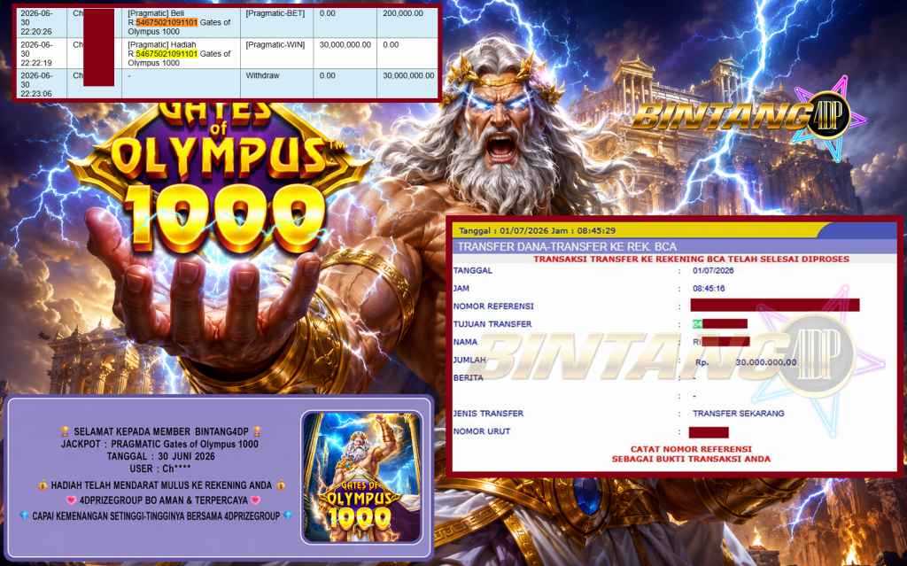 BINTANG4DP JACKPOT PRAGMATIC “Gates of Olympus 1000″ Rp30.000.000,- LUNAS