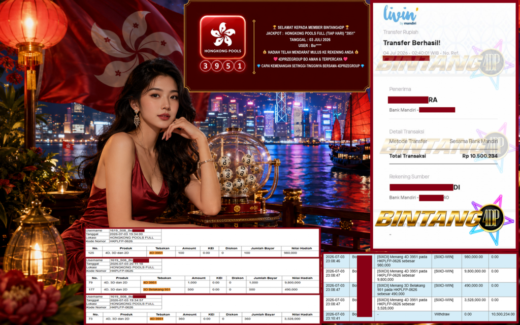 BINTANG4DP JACKPOT HONGKONG POOLS FULL (TIAP HARI) “3951”‎‏‏‎‎ Rp10.500.234,- LUNAS