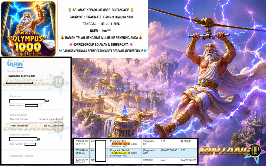BINTANG4DP JACKPOT PRAGMATIC “Gates of Olympus 1000″ Rp50.000.000,- LUNAS