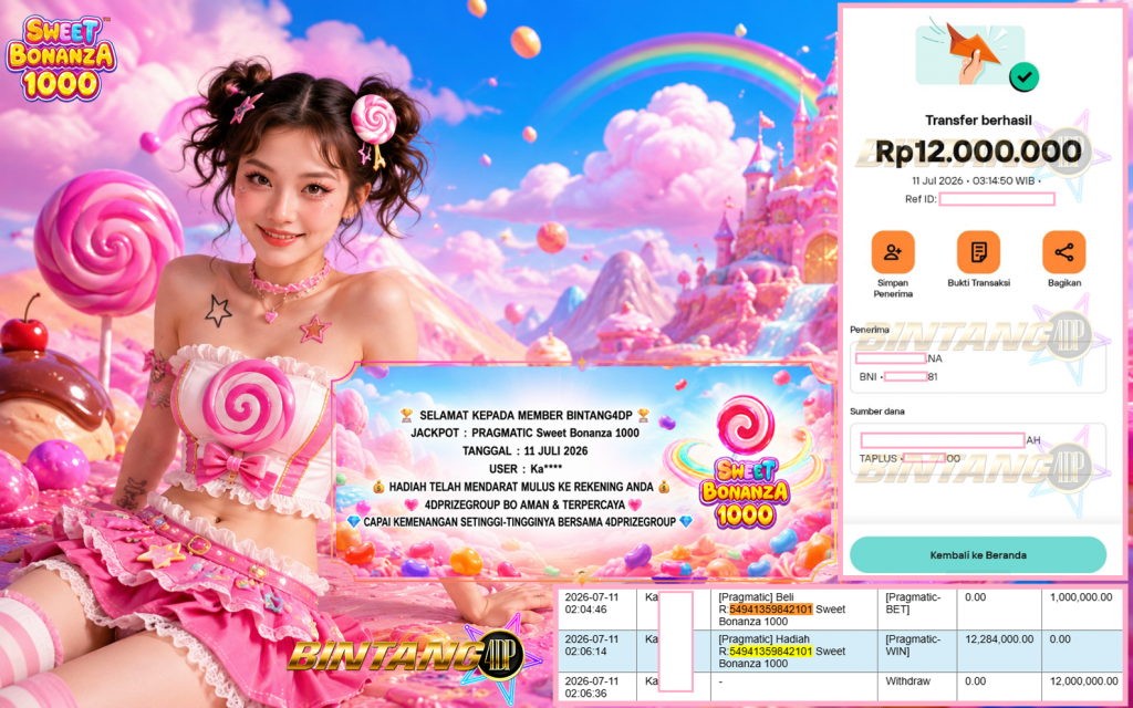 BINTANG4DP JACKPOT PRAGMATIC “Sweet Bonanza 1000″ Rp12.000.000,- LUNAS