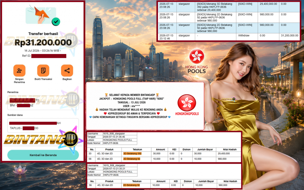 BINTANG4DP JACKPOT HONGKONG POOLS FULL (TIAP HARI) “9392”‎‏‏‎‎ Rp31.200.000,- LUNAS
