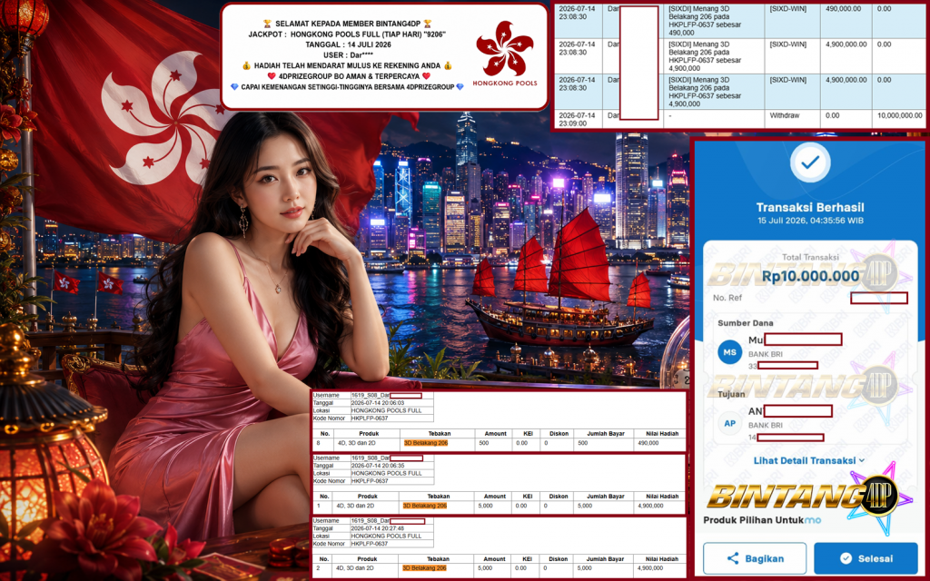 BINTANG4DP JACKPOT HONGKONG POOLS FULL (TIAP HARI) “9206” Rp10.000.000,- LUNAS