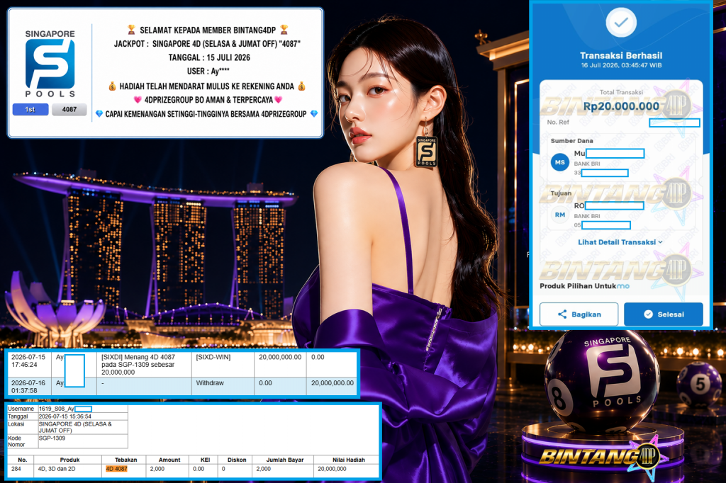 BINTANG4DP JACKPOT SINGAPORE 4D (SELASA & JUMAT OFF) β4087βββββ Rp20.000.000,- LUNAS
