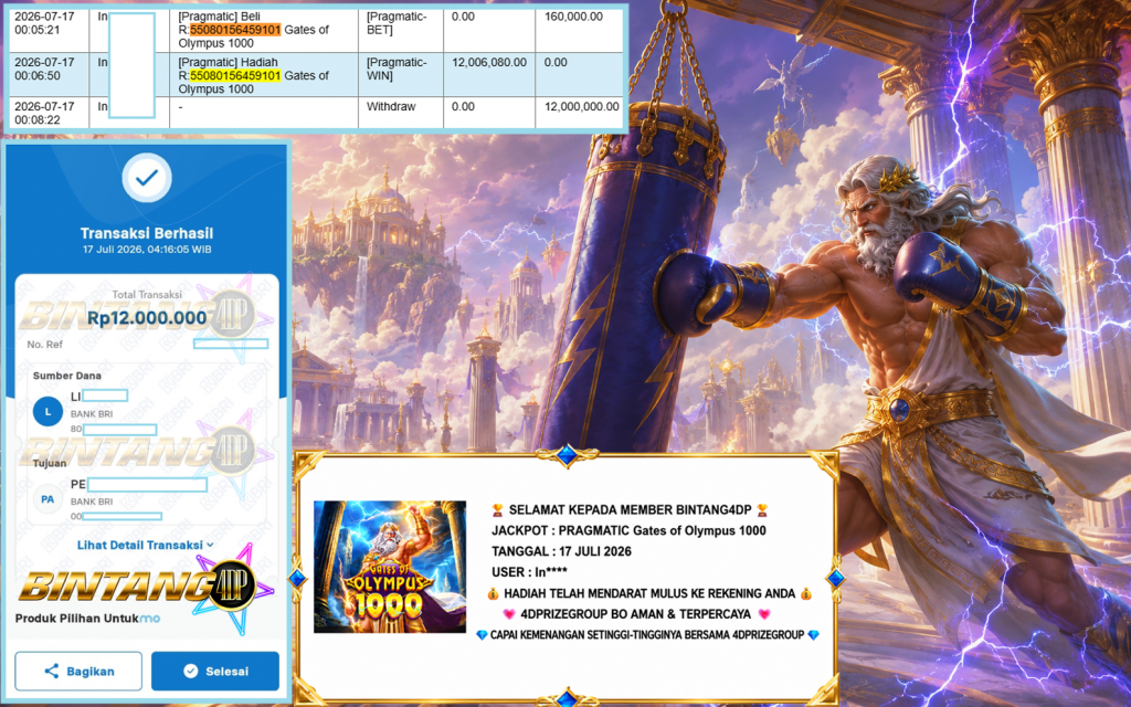 BINTANG4DP JACKPOT PRAGMATIC “Gates of Olympus 1000″ Rp12.000.000,- LUNAS