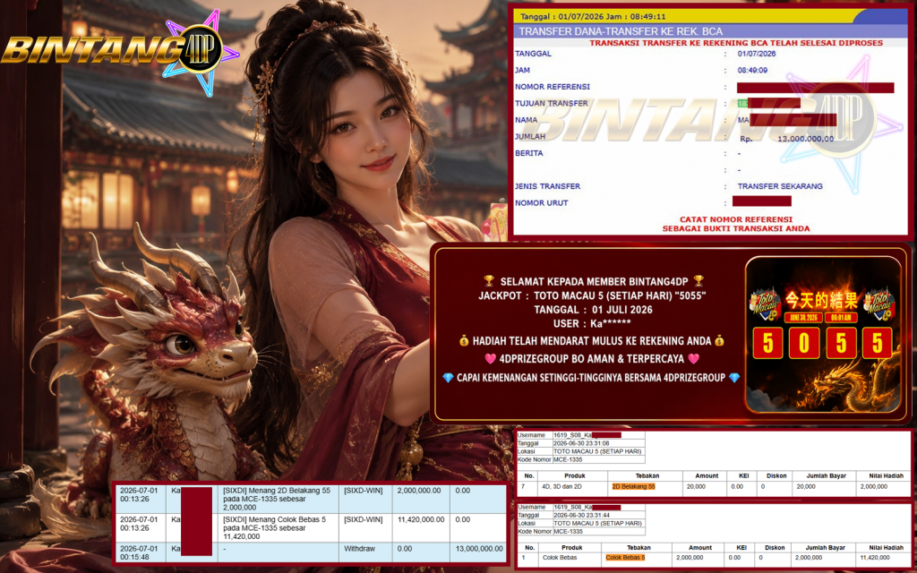 BINTANG4DP JACKPOT TOTO MACAU 5 (SETIAP HARI) “5055” Rp13.000.000,- LUNAS