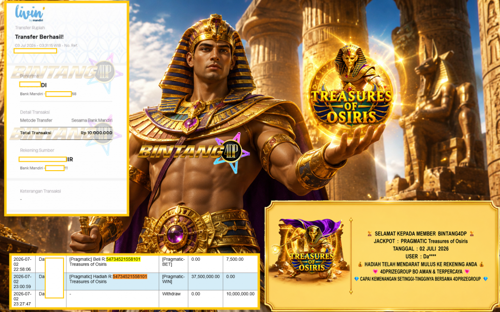 BINTANG4DP JACKPOT PRAGMATIC “Treasures of Osiris” Rp26.500.000,- LUNAS