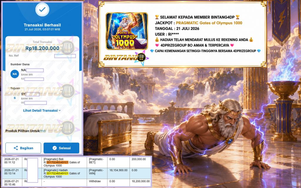 BINTANG4DP JACKPOT PRAGMATIC “Gates of Olympus 1000″‎‏‏‎‎ Rp18.200.000,- LUNAS