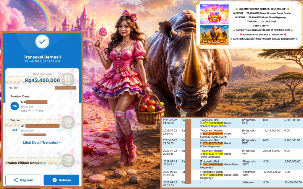 BINTANG4DP JACKPOT PRAGMATIC βSweet Bonanza Super Scatterβ & βGreat Rhino Megawaysββββββ Rp43.400.000,- LUNAS