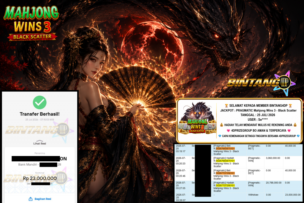 BINTANG4DP JACKPOT PRAGMATIC βMahjong Wins 3 β Black Scatterββββββ Rp23.000.000,- LUNAS