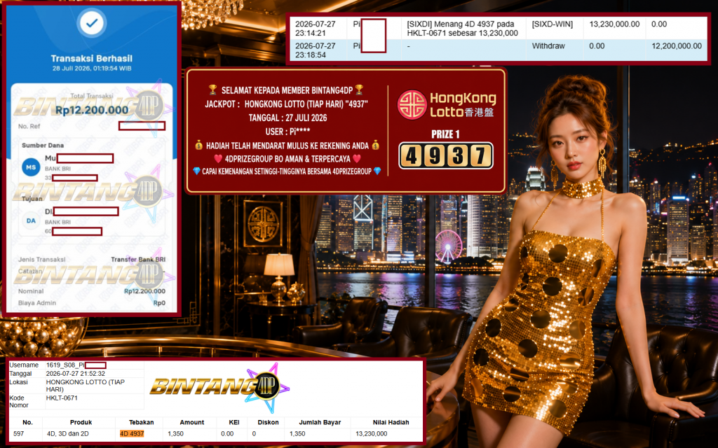 BINTANG4DP JACKPOT HONGKONG LOTTO (TIAP HARI) “4937”‎‏‏‎ Rp12.200.000,- LUNAS