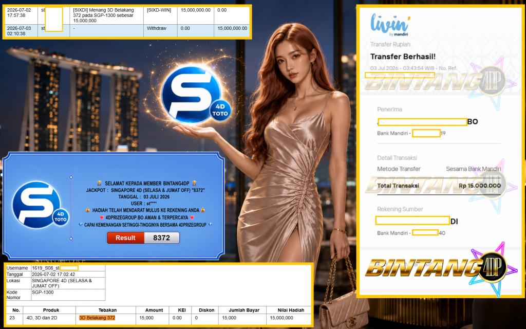 BINTANG4DP JACKPOT SINGAPORE 4D (SELASA & JUMAT OFF) β8372βββββ Rp15.000.000,- LUNAS