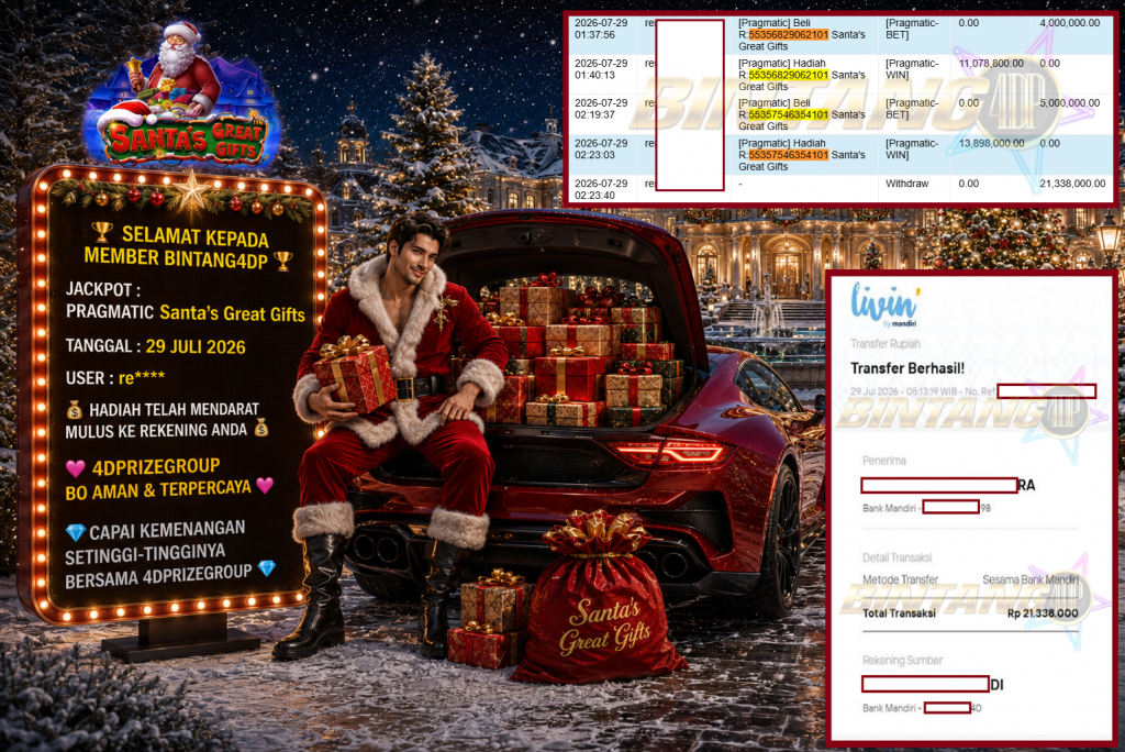 BINTANG4DP JACKPOT PRAGMATIC “Santa’s Great Gifts” Rp21.338.000,- LUNAS