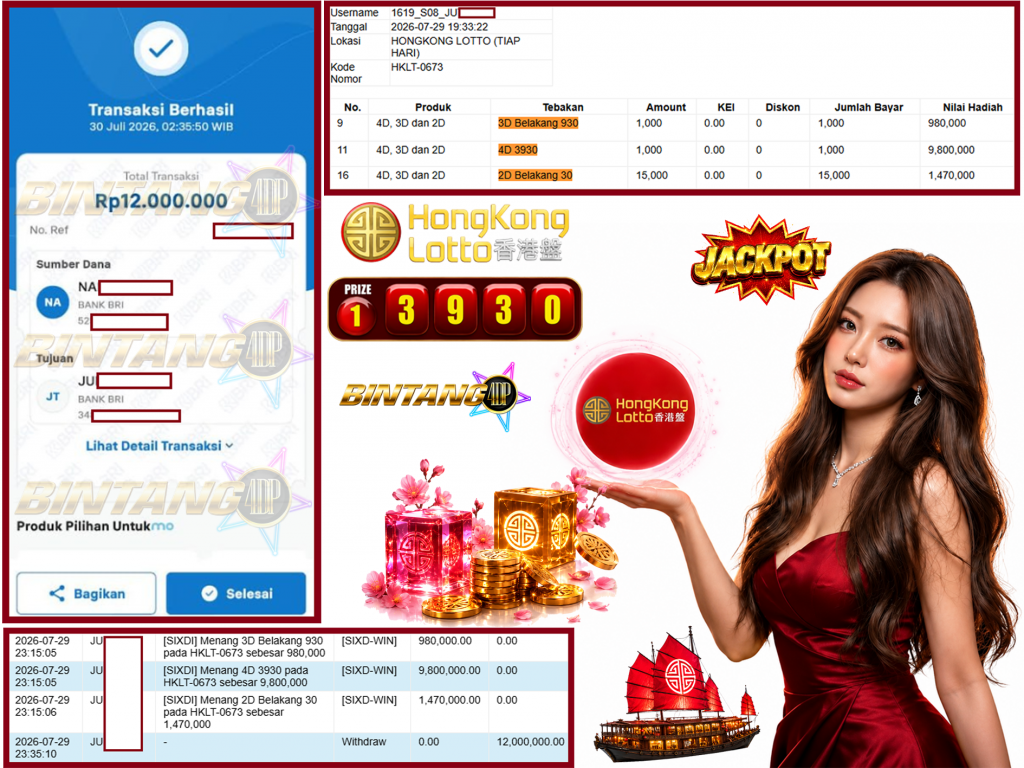 BINTANG4DP JACKPOT HONGKONG LOTTO (TIAP HARI) β3930βββββ Rp12.000.000,- LUNAS