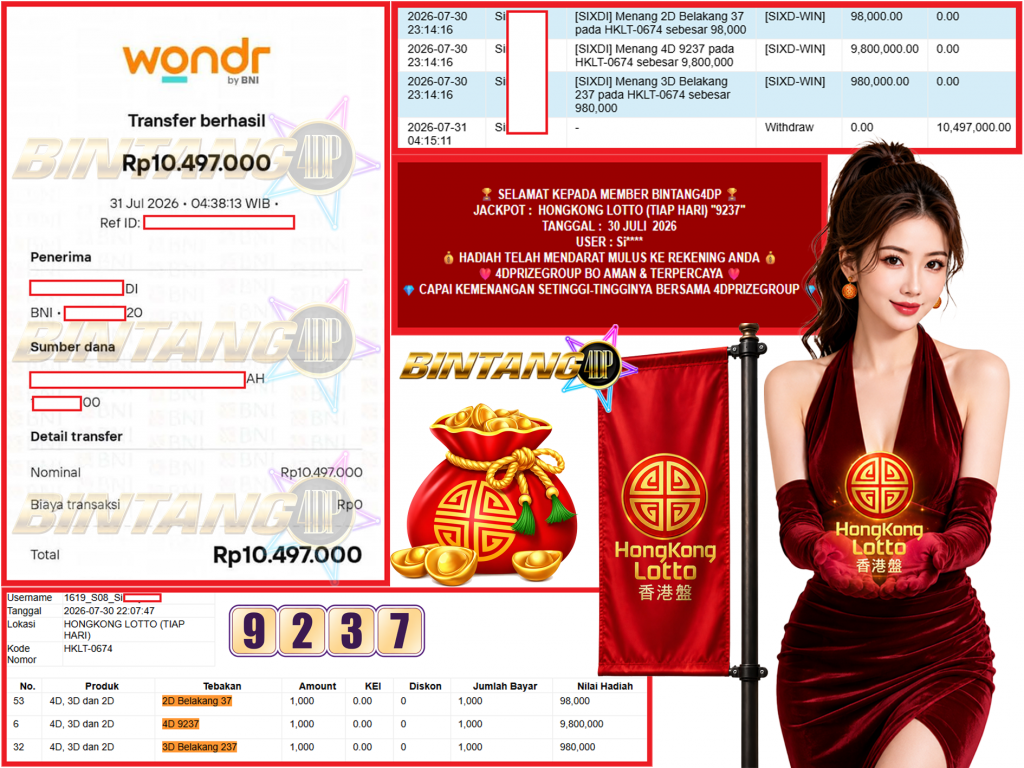 BINTANG4DP JACKPOT HONGKONG LOTTO (TIAP HARI) “9237”‎‏‏‎ Rp10.497.000,- LUNAS