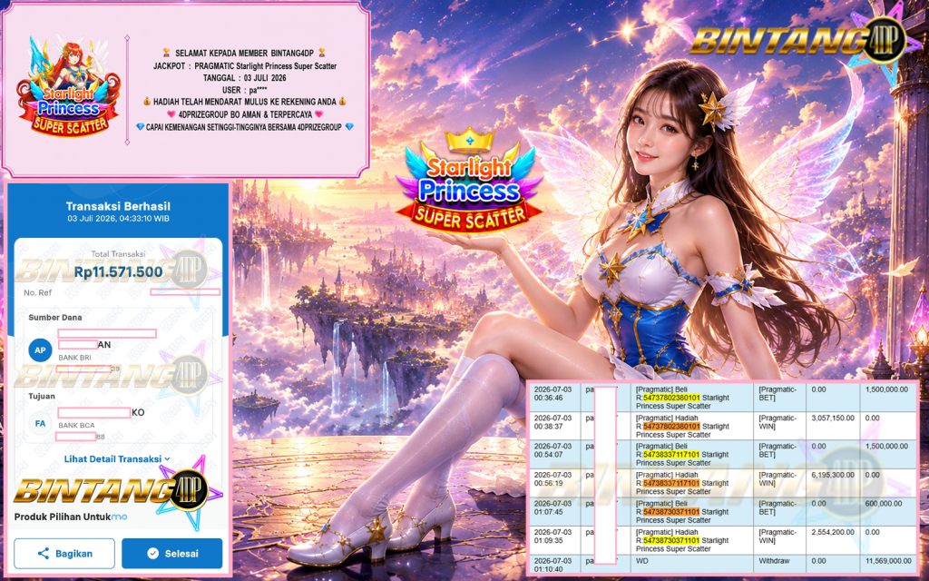 BINTANG4DP JACKPOT PRAGMATIC “Starlight Princess Super Scatter” Rp11.569.000,- LUNAS