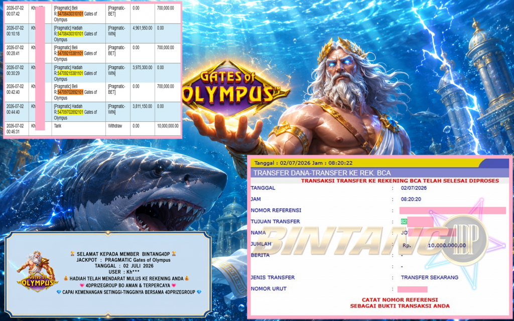 BINTANG4DP JACKPOT PRAGMATIC “Gates of Olympus” Rp10.000.000,- LUNAS