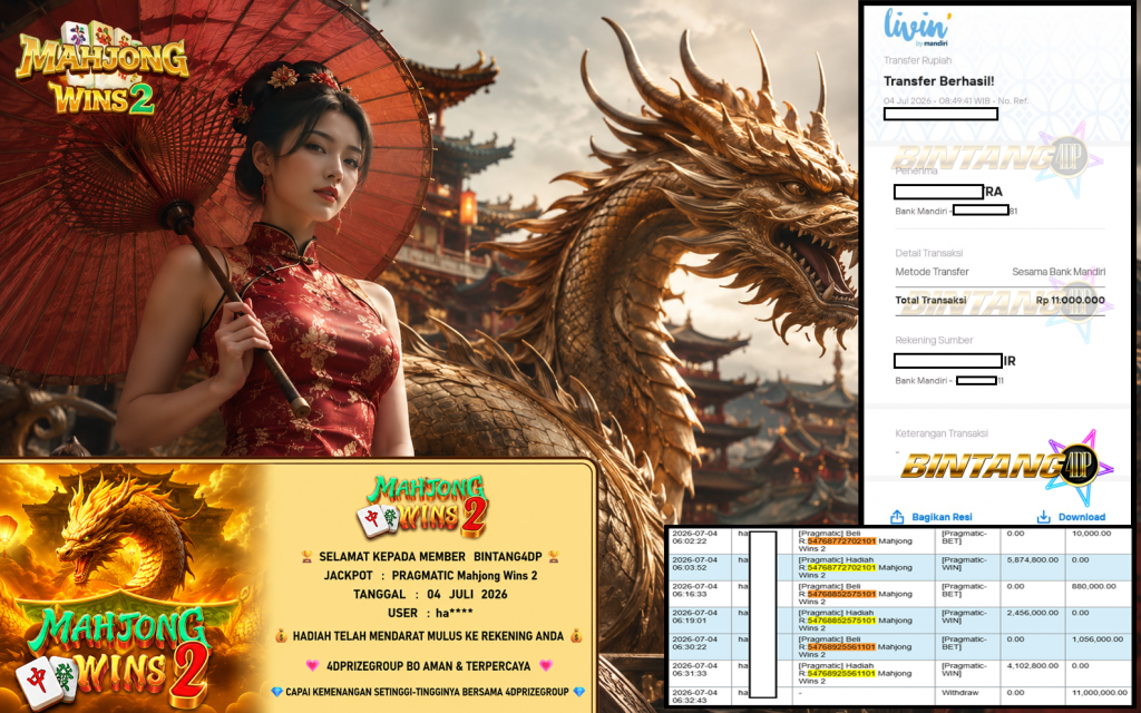 BINTANG4DP JACKPOT PRAGMATIC “Mahjong Wins 2″‎‏‏‎‎ Rp11.000.000,- LUNAS