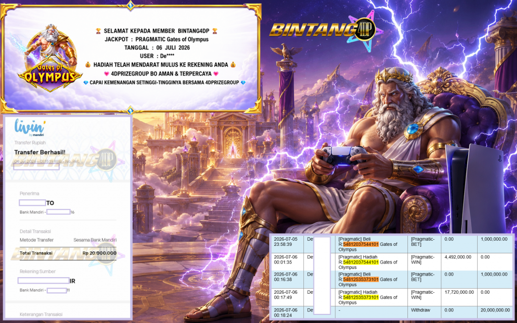 BINTANG4DP JACKPOT PRAGMATIC “Gates of Olympus” Rp20.000.000,- LUNAS